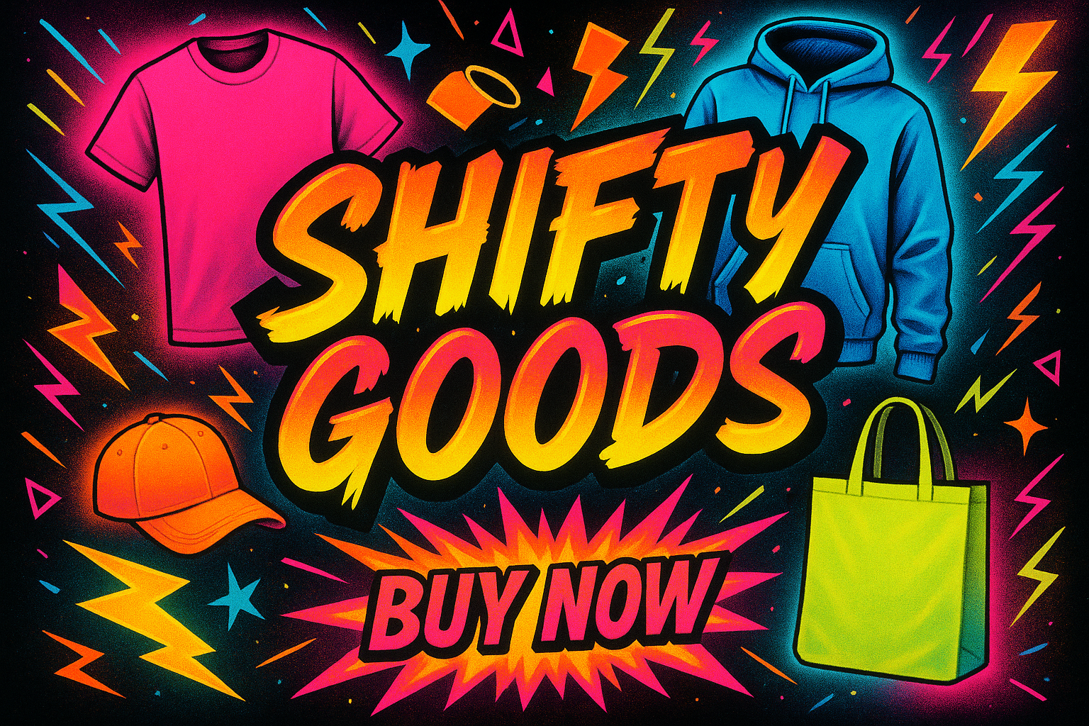 a very bright and catchy colorful theme that screams buy this product and resonates with clothing and the store name shifty goods
